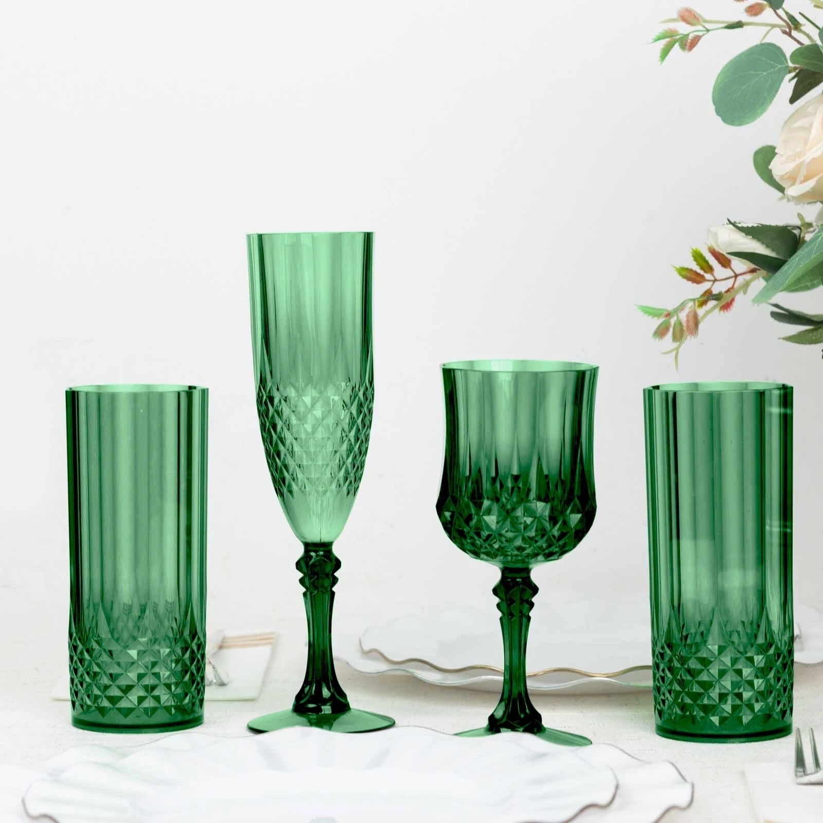 6 Hunter Green 14 oz Crystal Plastic Drinking Glasses Party Events Tableware | eBay