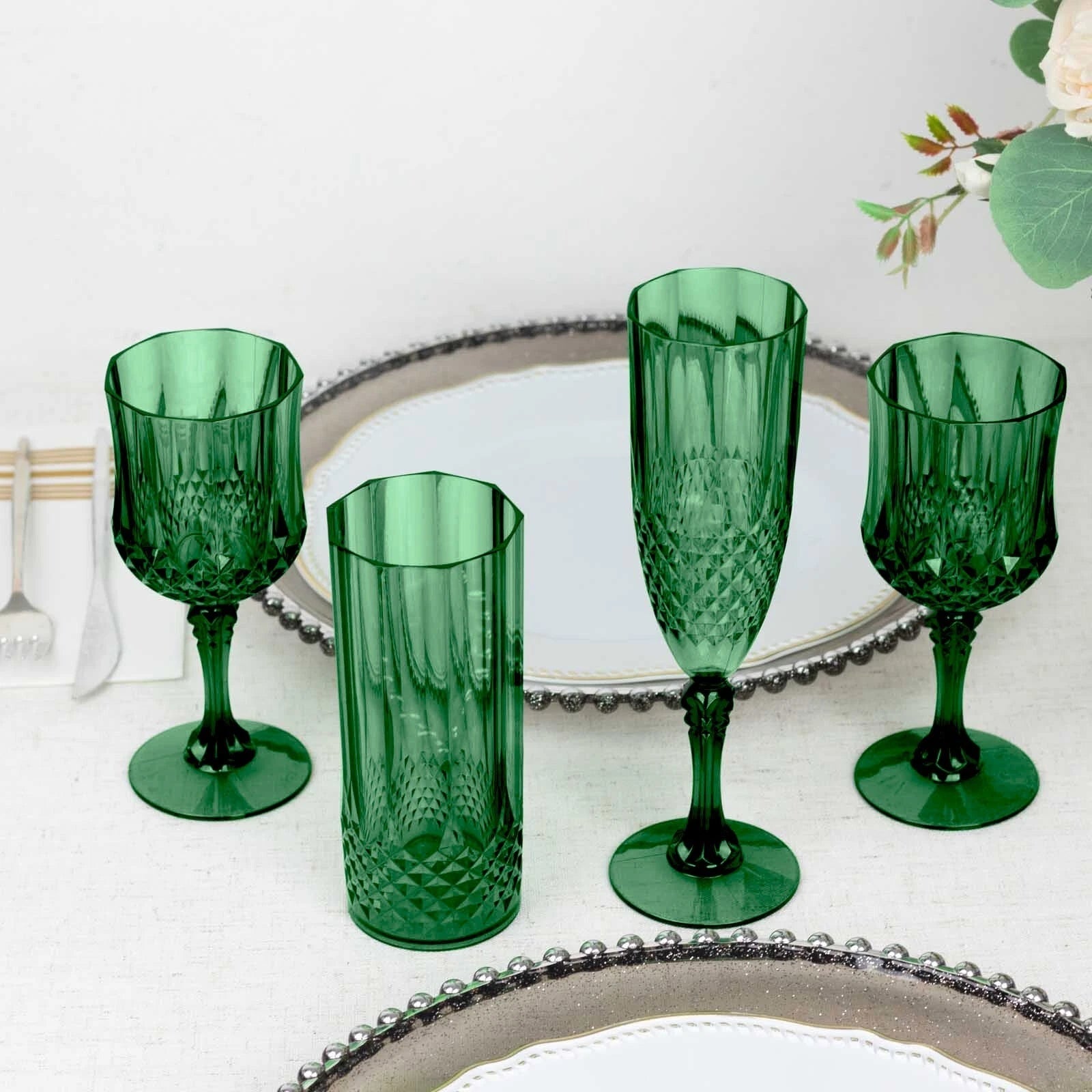 6 Hunter Green 14 oz Crystal Plastic Drinking Glasses Party Events Tableware | eBay
