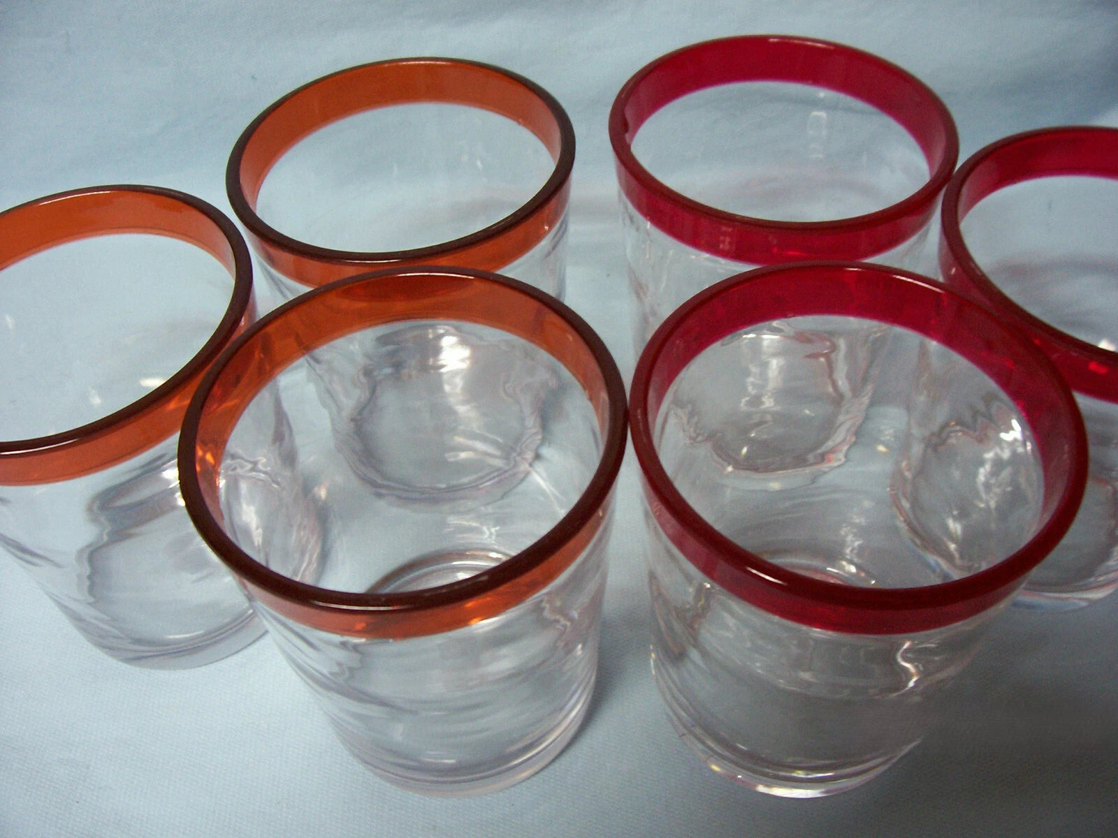 HAND BLOWN PLASTIC CLEAR GLASSES Set of 6 Red/Amber Color Rims (A2) | eBay