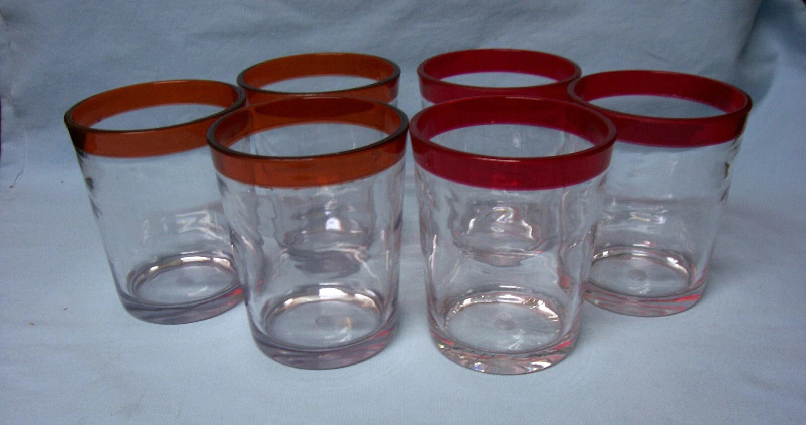 HAND BLOWN PLASTIC CLEAR GLASSES Set of 6 Red/Amber Color Rims (A2) | eBay