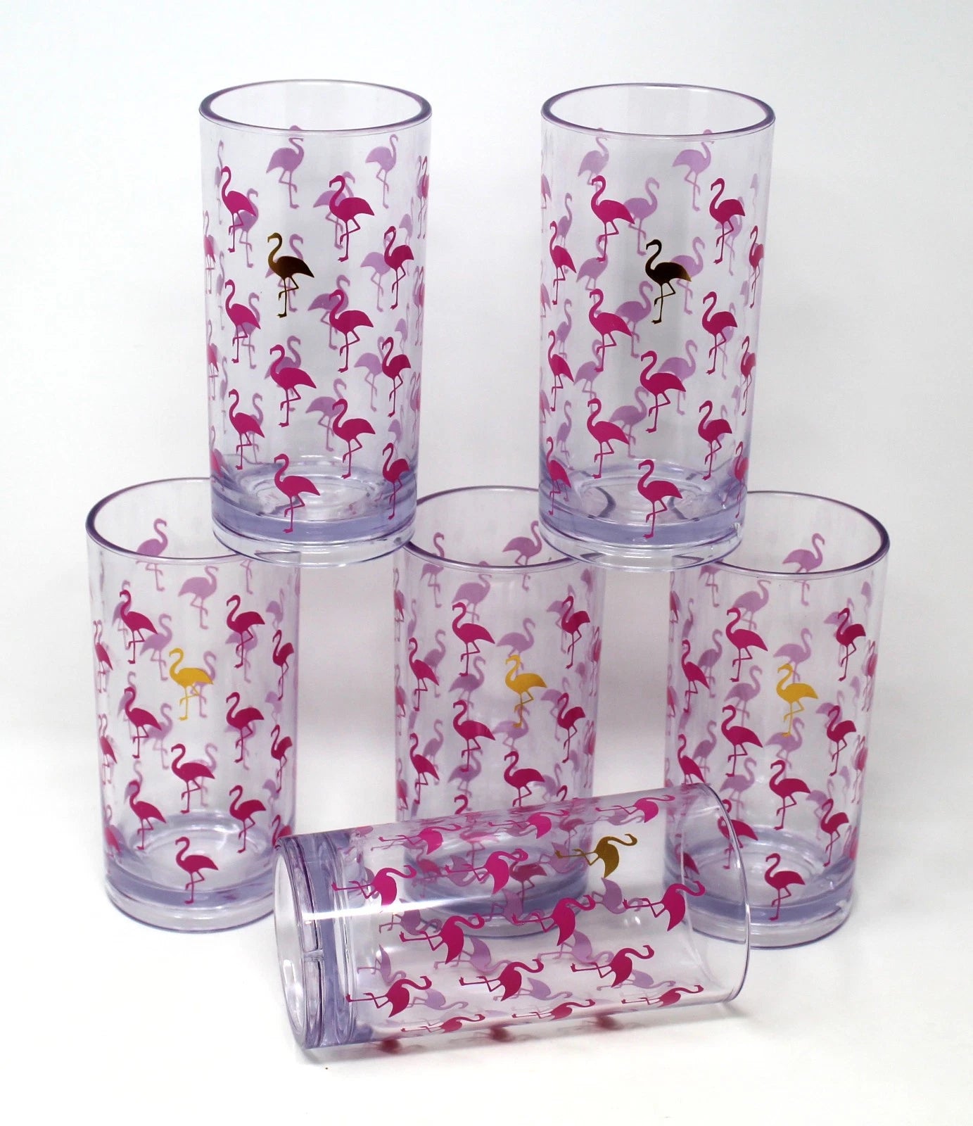 Set of 6 Pink Flamingo Tall Clear Acrylic Drinking Glasses Iced Tea High Ball | eBay