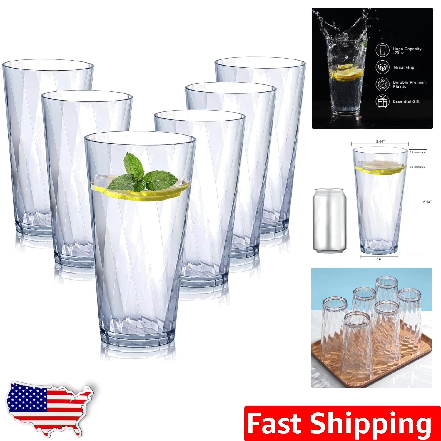 Set of 6 Unbreakable Plastic Drinking Glasses - 20oz Dishwasher Safe Elegance | eBay