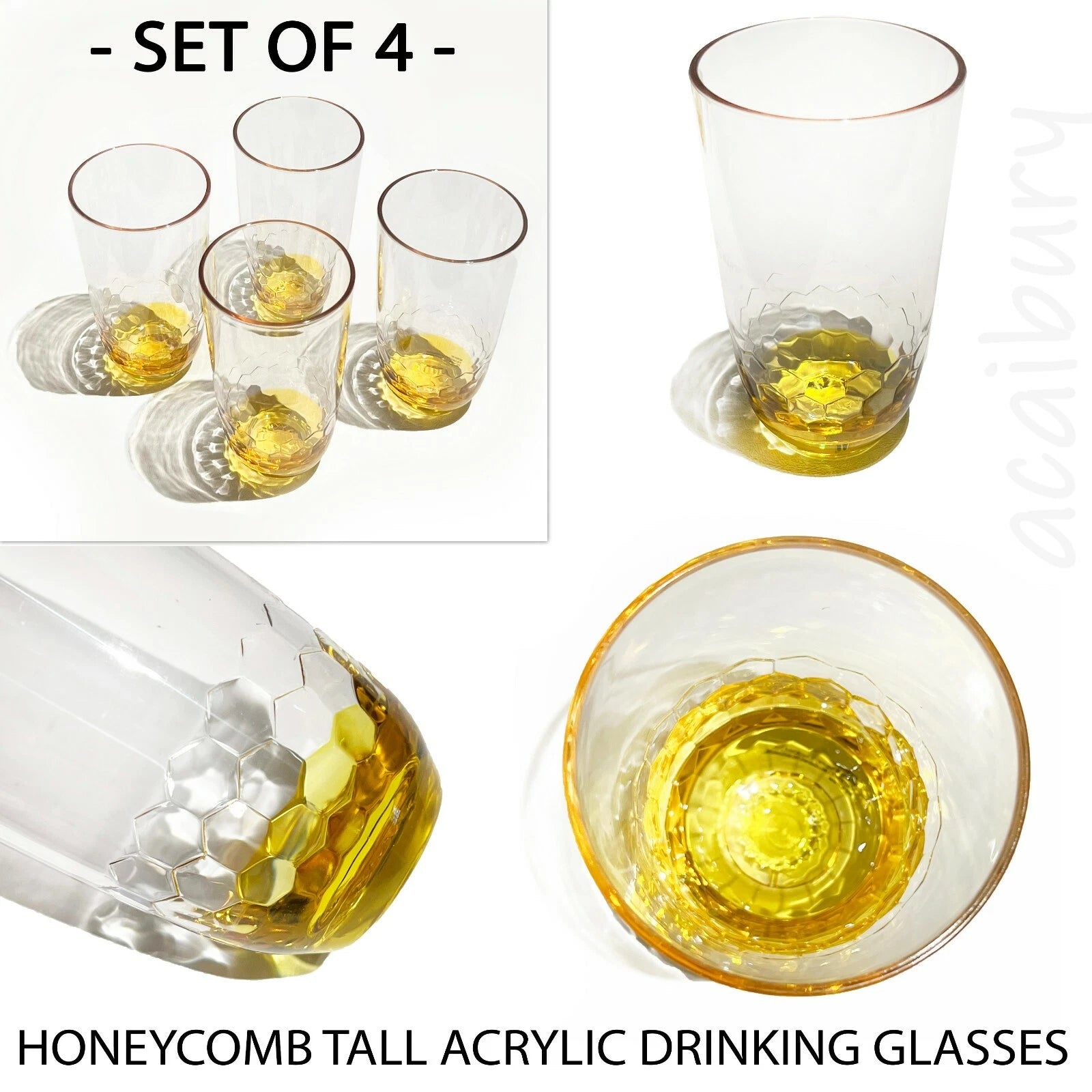 SET OF 4 - New Honeycomb Yellow Base 6" Tall Quality Acrylic Drinking Glasses | eBay