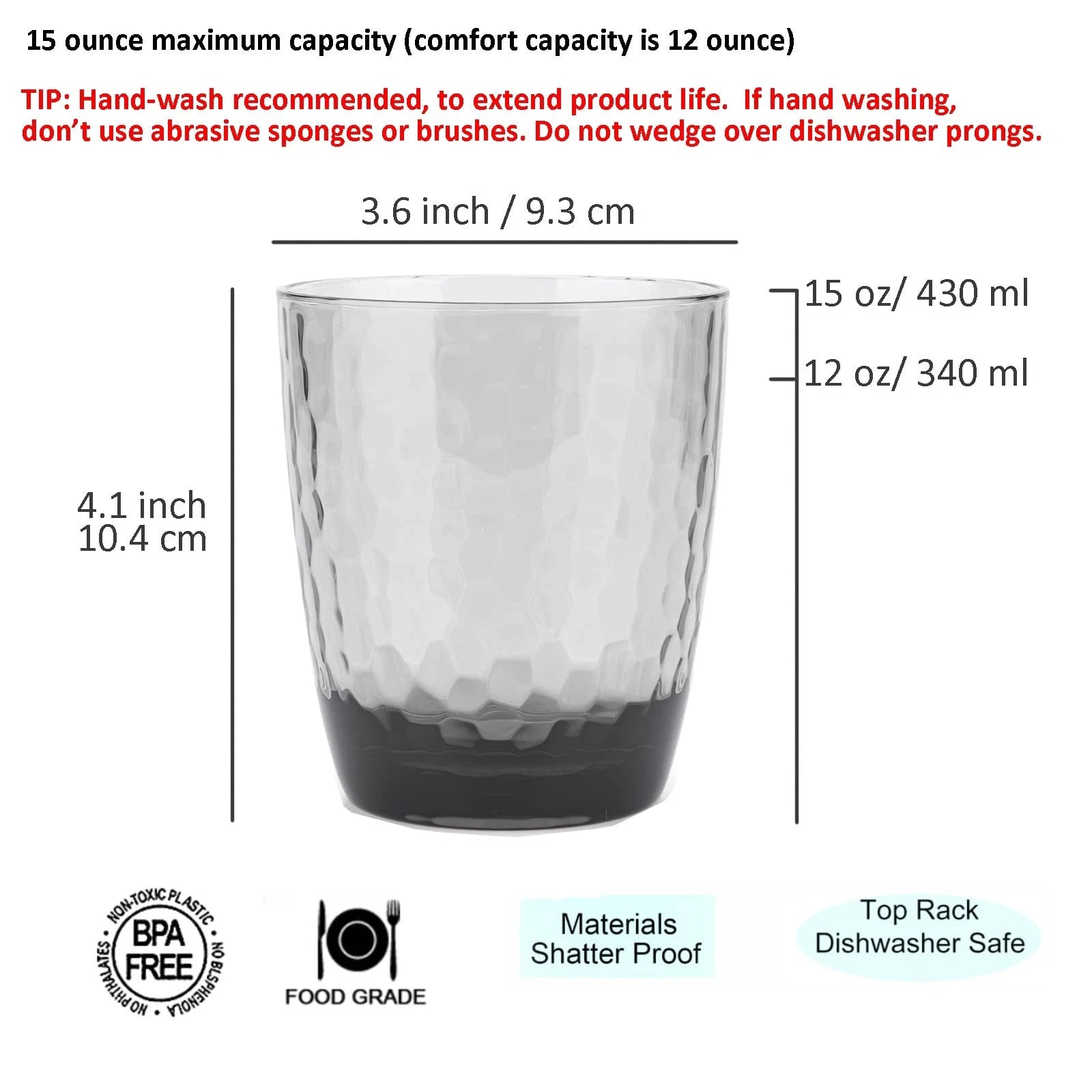 Hammered 15-ounce Plastic Tumbler Acrylic Glasses, set of 6 Smoke Grey | eBay